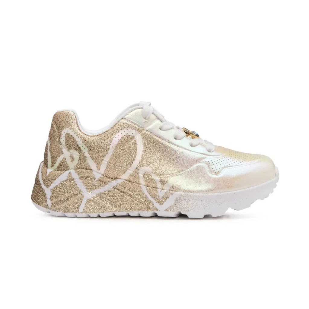 "Tenis Skechers niña blanco dorado corazones"