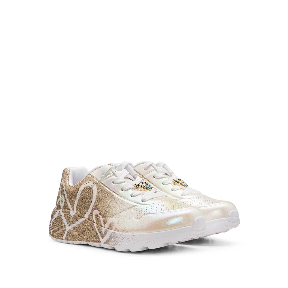 "Tenis Skechers niña blanco dorado corazones"