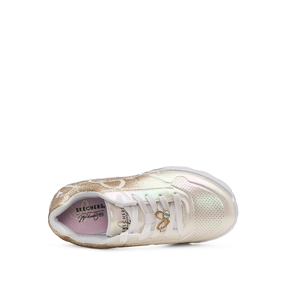 "Tenis Skechers niña blanco dorado corazones"