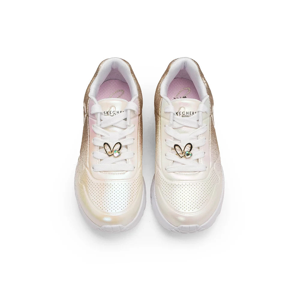 "Tenis Skechers niña blanco dorado corazones"