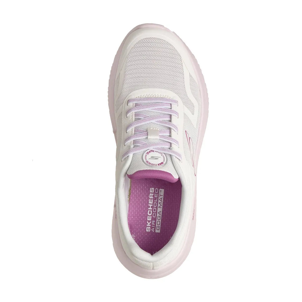 "Skechers walk go max cushionng hyper burst mujer blanco púrpura para caminar"