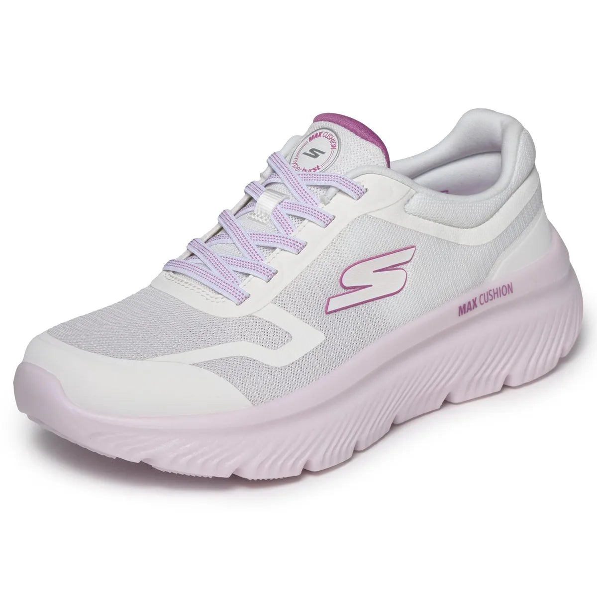 "Skechers walk go max cushionng hyper burst mujer blanco púrpura para caminar"